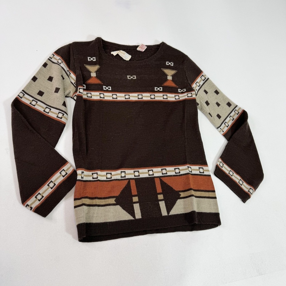 Vintage Janvil Sweater Womens Small Brown Geometric Wool Blend Hong Kong 70s